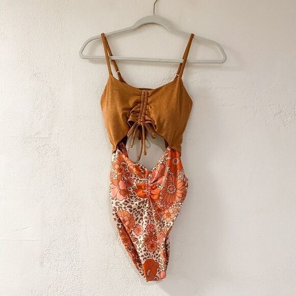 Power 2 Flower Cut Out One Piece Swimsuit in Gold Floral Medium - Picture 2 of 7